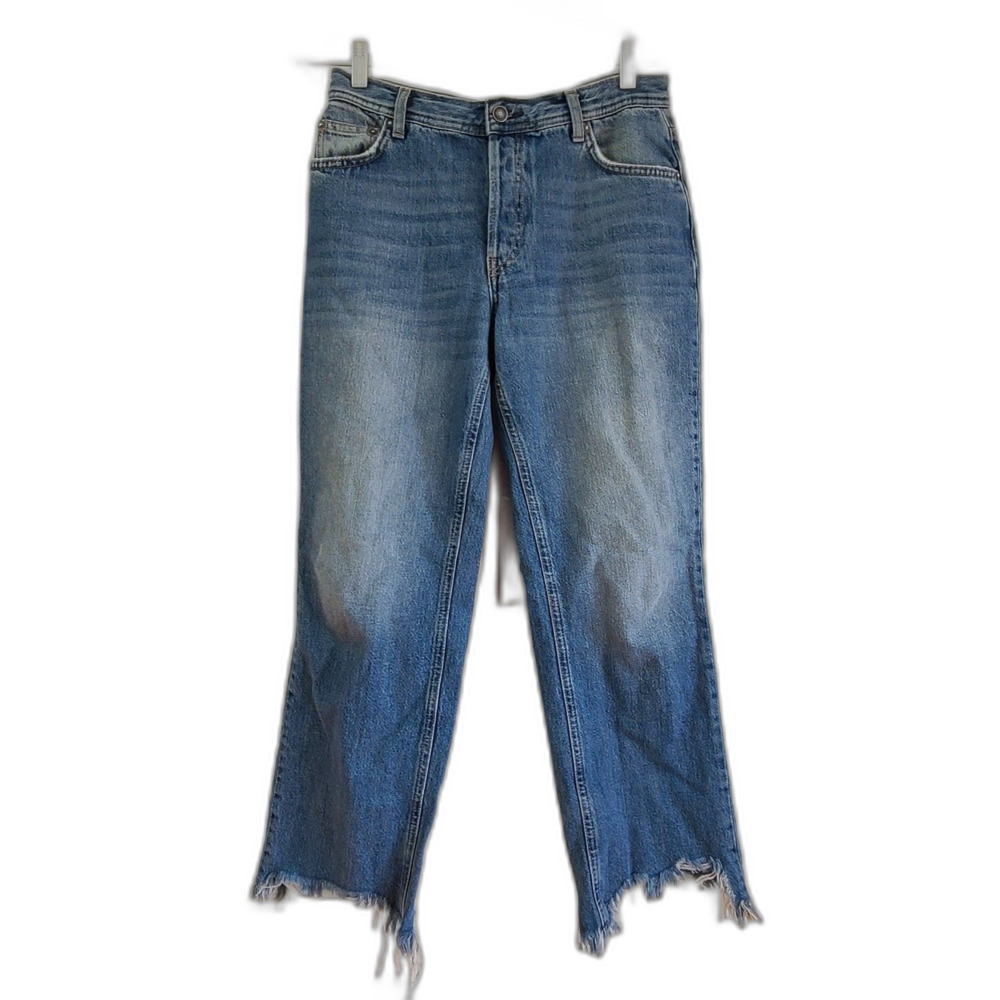 Free People We the Free Mid Rise Straight Jeans Raw Hem Sz‎ 27 Button Fly Blue